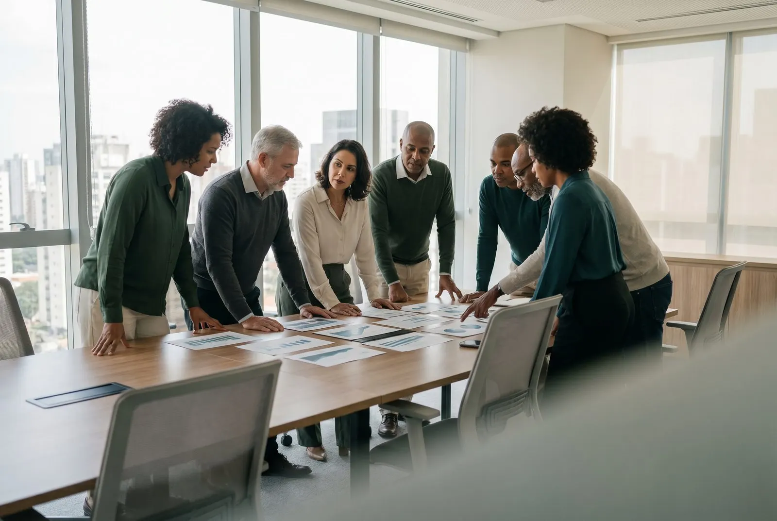 Equipe multidisciplinar em reunião de trabalho