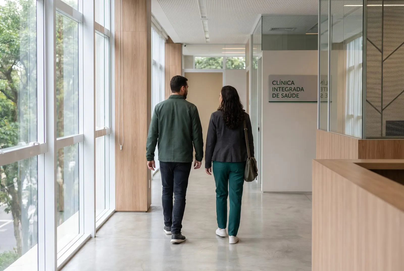 Dois profissionais de saúde caminhando na mesma direção em corredor contemporâneo